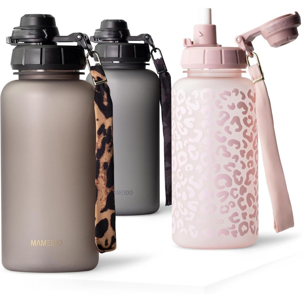 image:imageMAMEIDO Gourde avec Paille 1 l Marqueur de Temps de Motivation Gourde Sport avec Dragonne Gourde tanche Bouteille deau sans BPA Water Bottle Wild CandyUrban Taupe