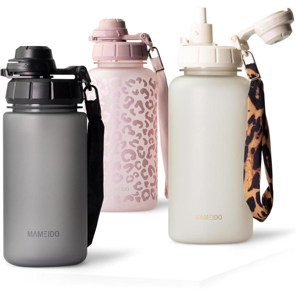 image:imageMAMEIDO Gourde avec Paille 1 l Marqueur de Temps de Motivation Gourde Sport avec Dragonne Gourde tanche Bouteille deau sans BPA Water Bottle Wild CandyCarbon Grey