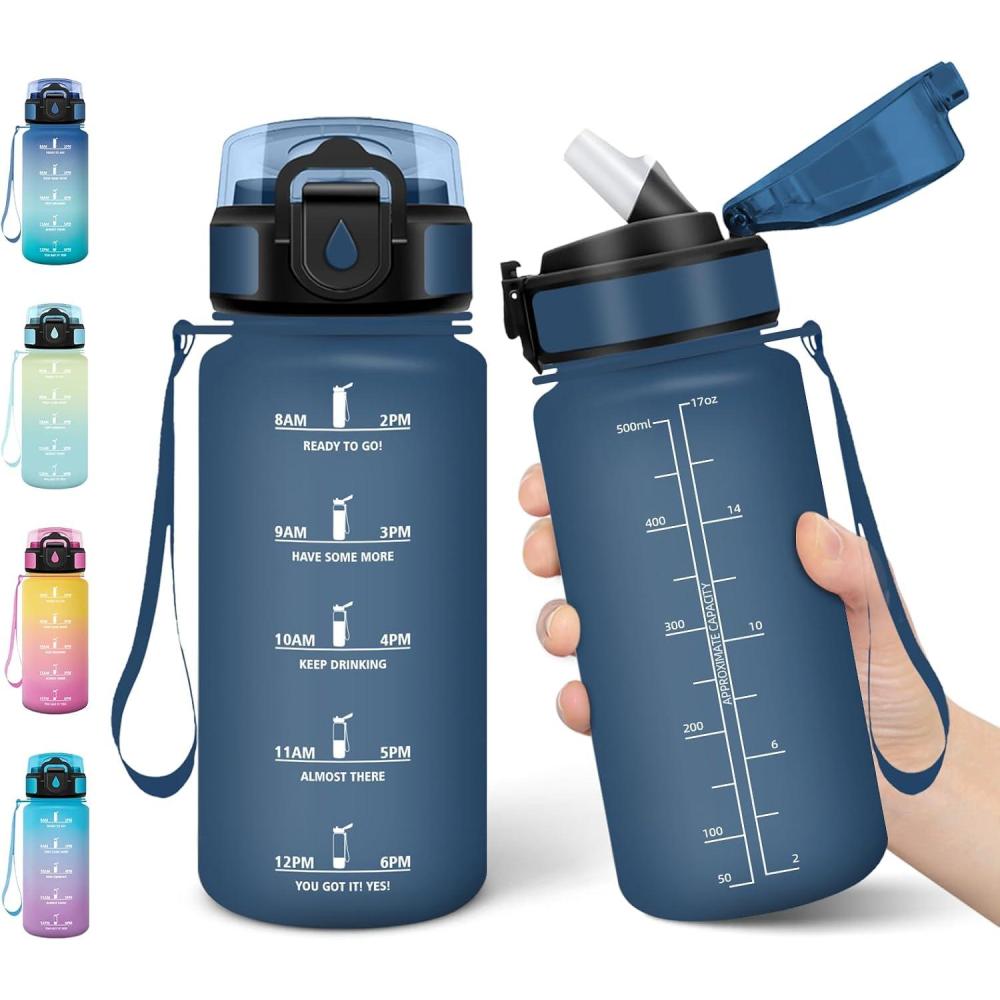 image:imageMotswedi Gourde Enfant 500 ml AntiFuite Gourde Paille avec Marqueur de Temps Bouteille deau Poigne de Transport Bouteille avec Paille pour Lcole Sport Yoga Blanc Cass Bleu ClairBleu Fonc