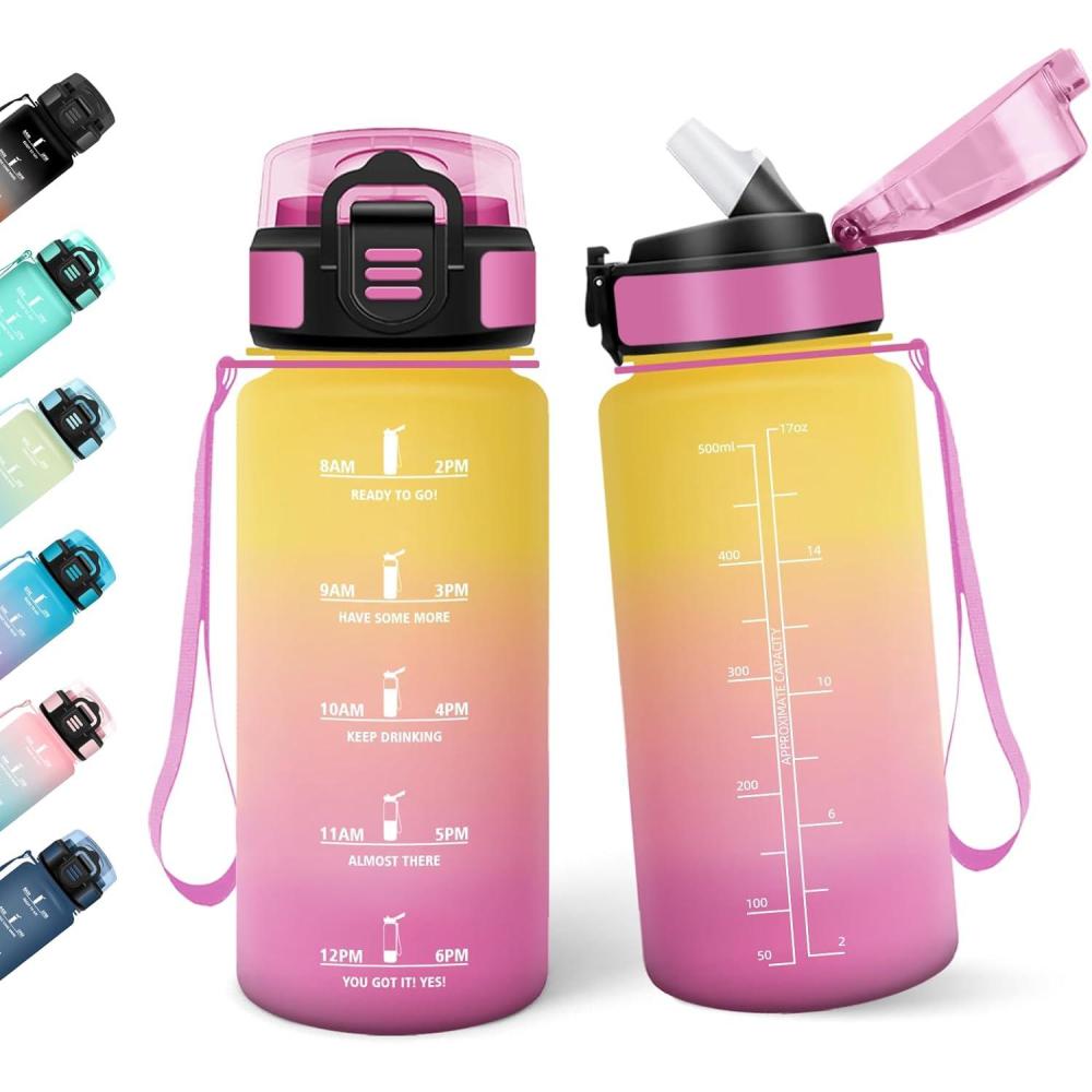 image:imageMotswedi Gourde Enfant 500 ml AntiFuite Gourde Paille avec Marqueur de Temps Bouteille deau Poigne de Transport Bouteille avec Paille pour Lcole Sport Yoga Blanc Cass Bleu ClairJaunerose500ml