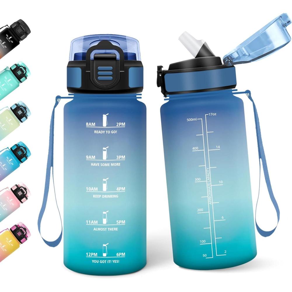 image:imageMotswedi Gourde Enfant 500 ml AntiFuite Gourde Paille avec Marqueur de Temps Bouteille deau Poigne de Transport Bouteille avec Paille pour Lcole Sport Yoga Blanc Cass Bleu ClairVert Vif500ml