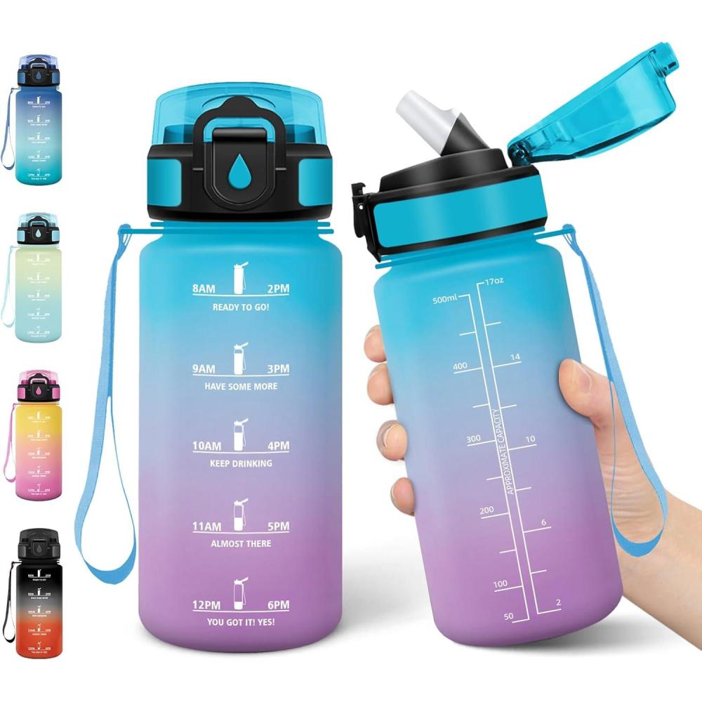 image:imageMotswedi Gourde Enfant 500 ml AntiFuite Gourde Paille avec Marqueur de Temps Bouteille deau Poigne de Transport Bouteille avec Paille pour Lcole Sport Yoga Blanc Cass Bleu ClairBleu Violet