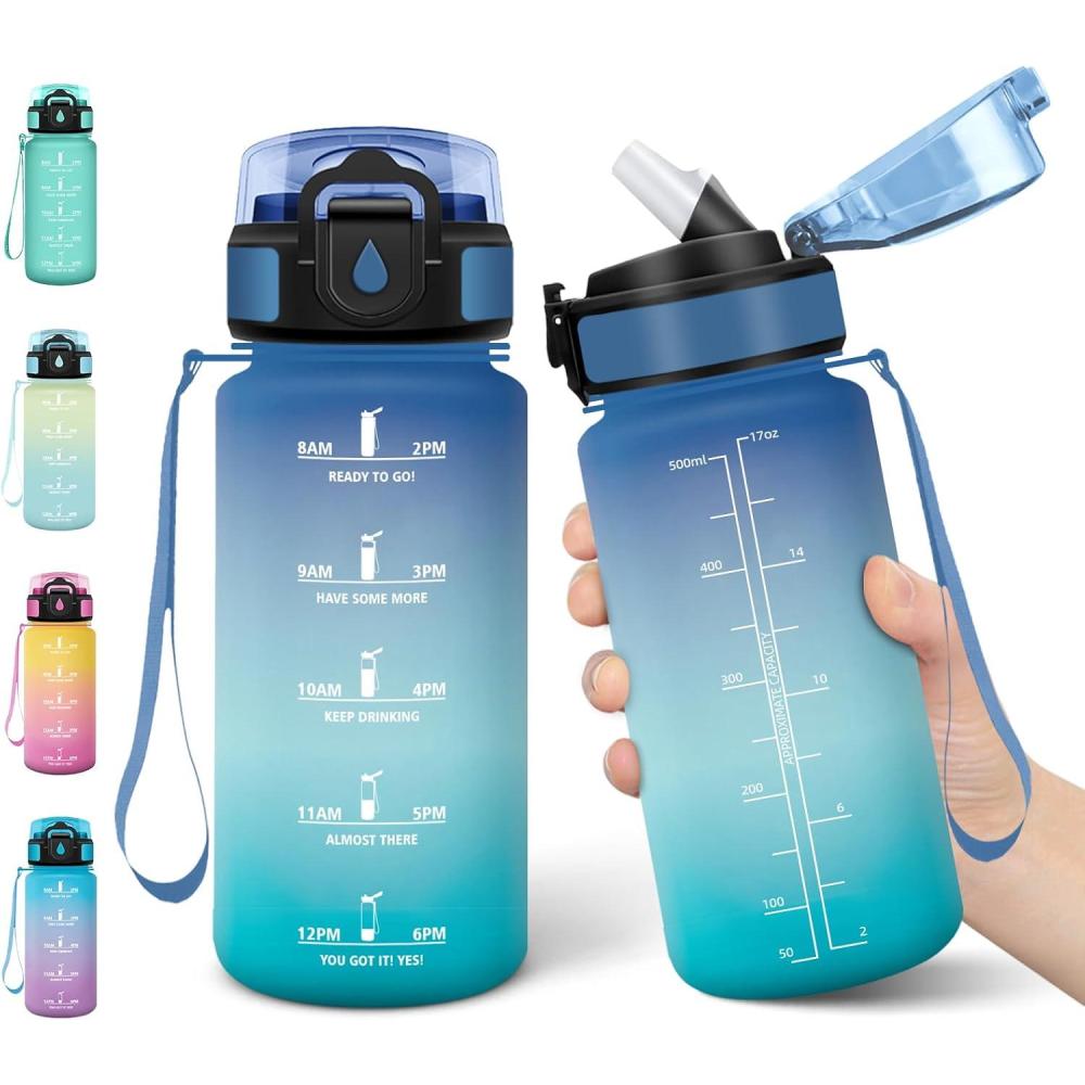 image:imageMotswedi Gourde Enfant 500 ml AntiFuite Gourde Paille avec Marqueur de Temps Bouteille deau Poigne de Transport Bouteille avec Paille pour Lcole Sport Yoga Blanc Cass Bleu ClairBleu Vert