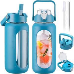 BLUEGO 2000ml Bouteilles d&rsquo;eau en verre avec 2 couvercles Gourd avec paille 2L Grande bouteille d&rsquo;eau avec marqueurs de temps et de capacité pour salle de sport Maison Étanche, Ambre(Bleu)