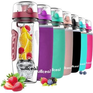 Bouteille d&rsquo;eau pour infuseur de fruits 32 oz durable avec boule de gel amovible, grande – Tritan sans BPA, couvercle à rabat, protection anti-fuites – Sports, Camping (Sarcelle)(Rouge Foncé)