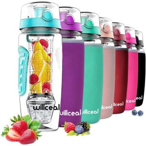 Bouteille d&rsquo;eau pour infuseur de fruits 32 oz durable avec boule de gel amovible, grande – Tritan sans BPA, couvercle à rabat, protection anti-fuites – Sports, Camping (Sarcelle)(Sarcelle)