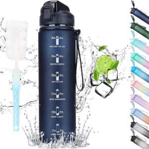 CodiCile Gourde Sport 1l avec paille,bouteille d&rsquo;eau de motivation avec Marqueur de Temps,bouteille d&rsquo;eau étanche avec couvercle sans BPA pour sport, gym, bureau, course à pied(violet dégradé)(Bleu Foncé)