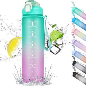 CodiCile Gourde Sport 1l avec paille,bouteille d&rsquo;eau de motivation avec Marqueur de Temps,bouteille d&rsquo;eau étanche avec couvercle sans BPA pour sport, gym, bureau, course à pied(violet dégradé)(Dégradé au Vert)