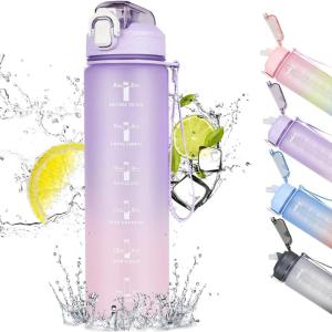 CodiCile Gourde Sport 1l avec paille,bouteille d&rsquo;eau de motivation avec Marqueur de Temps,bouteille d&rsquo;eau étanche avec couvercle sans BPA pour sport, gym, bureau, course à pied(violet dégradé)(Violet Dégradé)
