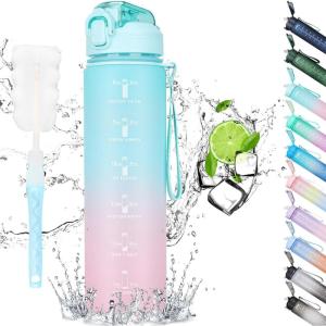 CodiCile Gourde Sport 1l avec paille,bouteille d&rsquo;eau de motivation avec Marqueur de Temps,bouteille d&rsquo;eau étanche avec couvercle sans BPA pour sport, gym, bureau, course à pied(violet dégradé)(Vert Menthe  Rose)
