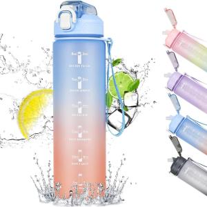CodiCile Gourde Sport 1l avec paille,bouteille d&rsquo;eau de motivation avec Marqueur de Temps,bouteille d&rsquo;eau étanche avec couvercle sans BPA pour sport, gym, bureau, course à pied(violet dégradé)(Dégradé Bleu)
