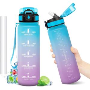 Gourde Motivation 1L, Gourde avec Paille sans BPA, Bouteille d&rsquo;eau de Motivation avec Marqueur de Temps, Étanche et Réutilisable, Bouteille Réutilisable pour l&rsquo;école, Sport, Bureau, Yoga, Camping(32oz-1000ml | Paille | Bleu + Violet)