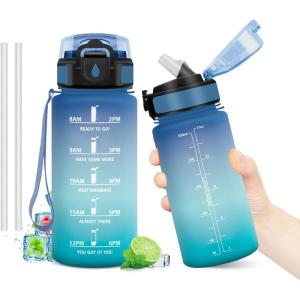 Gourde Motivation 1L, Gourde avec Paille sans BPA, Bouteille d&rsquo;eau de Motivation avec Marqueur de Temps, Étanche et Réutilisable, Bouteille Réutilisable pour l&rsquo;école, Sport, Bureau, Yoga, Camping(17oz-500ml | Paille | Bleu + Vert)