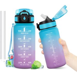 Gourde Motivation 1L, Gourde avec Paille sans BPA, Bouteille d&rsquo;eau de Motivation avec Marqueur de Temps, Étanche et Réutilisable, Bouteille Réutilisable pour l&rsquo;école, Sport, Bureau, Yoga, Camping(17oz-500ml | Paille | Bleu + Violet)