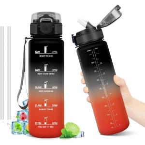 Gourde Motivation 1L, Gourde avec Paille sans BPA, Bouteille d&rsquo;eau de Motivation avec Marqueur de Temps, Étanche et Réutilisable, Bouteille Réutilisable pour l&rsquo;école, Sport, Bureau, Yoga, Camping(32oz-1000ml | Paille | Noir + Rouge)