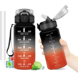Gourde Motivation 1L, Gourde avec Paille sans BPA, Bouteille d&rsquo;eau de Motivation avec Marqueur de Temps, Étanche et Réutilisable, Bouteille Réutilisable pour l&rsquo;école, Sport, Bureau, Yoga, Camping(17oz-500ml | Paille | Noir + Rouge)