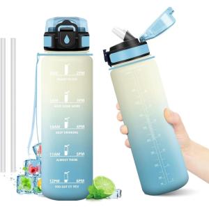 Gourde Motivation 1L, Gourde avec Paille sans BPA, Bouteille d&rsquo;eau de Motivation avec Marqueur de Temps, Étanche et Réutilisable, Bouteille Réutilisable pour l&rsquo;école, Sport, Bureau, Yoga, Camping(32oz-1000ml | Paille | Blanc + Bleu Clair)