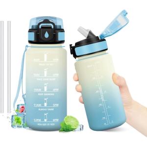 Gourde Motivation 1L, Gourde avec Paille sans BPA, Bouteille d&rsquo;eau de Motivation avec Marqueur de Temps, Étanche et Réutilisable, Bouteille Réutilisable pour l&rsquo;école, Sport, Bureau, Yoga, Camping(17oz-500ml | Paille | Blanc + Bleu Clair)