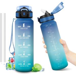 Gourde Motivation 1L, Gourde avec Paille sans BPA, Bouteille d&rsquo;eau de Motivation avec Marqueur de Temps, Étanche et Réutilisable, Bouteille Réutilisable pour l&rsquo;école, Sport, Bureau, Yoga, Camping(32oz-1000ml | Paille | Bleu + Vert)