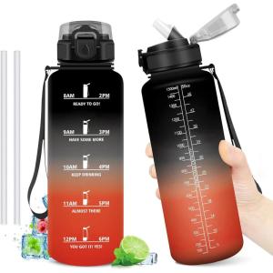 Gourde Motivation 1L, Gourde avec Paille sans BPA, Bouteille d&rsquo;eau de Motivation avec Marqueur de Temps, Étanche et Réutilisable, Bouteille Réutilisable pour l&rsquo;école, Sport, Bureau, Yoga, Camping(50oz-1500ml | Paille | Noir + Rouge)