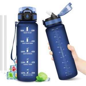 Gourde Motivation 1L, Gourde avec Paille sans BPA, Bouteille d&rsquo;eau de Motivation avec Marqueur de Temps, Étanche et Réutilisable, Bouteille Réutilisable pour l&rsquo;école, Sport, Bureau, Yoga, Camping(32oz-1000ml | Paille | Mat Bleu Marine)