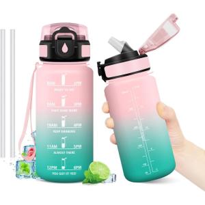 Gourde Motivation 1L, Gourde avec Paille sans BPA, Bouteille d&rsquo;eau de Motivation avec Marqueur de Temps, Étanche et Réutilisable, Bouteille Réutilisable pour l&rsquo;école, Sport, Bureau, Yoga, Camping(17oz-500ml | Paille | Rose + Cyan)
