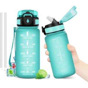 Gourde Motivation 1L, Gourde avec Paille sans BPA, Bouteille d&rsquo;eau de Motivation avec Marqueur de Temps, Étanche et Réutilisable, Bouteille Réutilisable pour l&rsquo;école, Sport, Bureau, Yoga, Camping(17oz-500ml | Paille | Mat Bleu-vert)