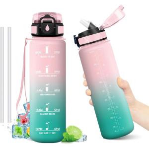 Gourde Motivation 1L, Gourde avec Paille sans BPA, Bouteille d&rsquo;eau de Motivation avec Marqueur de Temps, Étanche et Réutilisable, Bouteille Réutilisable pour l&rsquo;école, Sport, Bureau, Yoga, Camping(32oz-1000ml | Paille | Rose + Cyan)