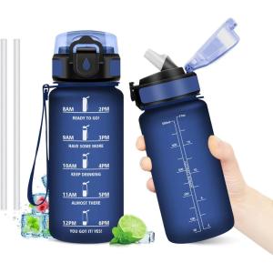 Gourde Motivation 1L, Gourde avec Paille sans BPA, Bouteille d&rsquo;eau de Motivation avec Marqueur de Temps, Étanche et Réutilisable, Bouteille Réutilisable pour l&rsquo;école, Sport, Bureau, Yoga, Camping(17oz-500ml | Paille | Mat Bleu Marine)