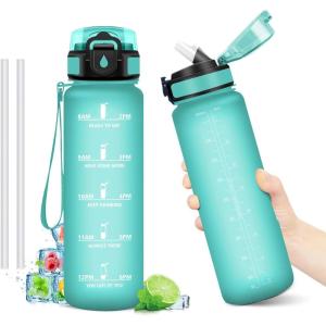 Gourde Motivation 1L, Gourde avec Paille sans BPA, Bouteille d&rsquo;eau de Motivation avec Marqueur de Temps, Étanche et Réutilisable, Bouteille Réutilisable pour l&rsquo;école, Sport, Bureau, Yoga, Camping(32oz-1000ml | Paille | Mat Bleu-vert)