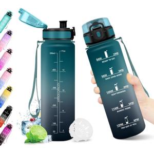 KollyKolla Gourde 1L, Bouteille Motivation Étanche avec Filtre sans BPA, Bouteille Sport avec Marqueur de Temps, Gourde Réutilisable pour Adulte, l&rsquo;école, Sport, Bureau, Yoga, Camping(500ml Vert Foncé + Gris)