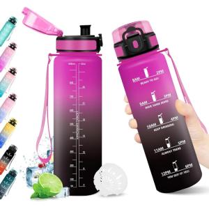KollyKolla Gourde 1L, Bouteille Motivation Étanche avec Filtre sans BPA, Bouteille Sport avec Marqueur de Temps, Gourde Réutilisable pour Adulte, l&rsquo;école, Sport, Bureau, Yoga, Camping(1000ml Rouge Pourpre + Noir)