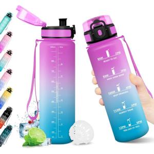 KollyKolla Gourde 1L, Bouteille Motivation Étanche avec Filtre sans BPA, Bouteille Sport avec Marqueur de Temps, Gourde Réutilisable pour Adulte, l&rsquo;école, Sport, Bureau, Yoga, Camping(1000ml Rose + Cyan)