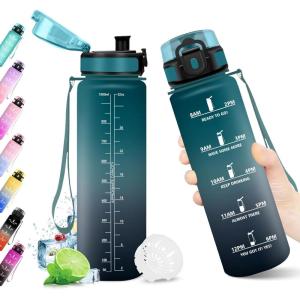 KollyKolla Gourde 1L, Bouteille Motivation Étanche avec Filtre sans BPA, Bouteille Sport avec Marqueur de Temps, Gourde Réutilisable pour Adulte, l&rsquo;école, Sport, Bureau, Yoga, Camping(1000ml Vert Foncé + Gris)
