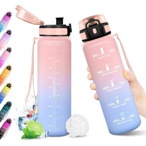KollyKolla Gourde 1L, Bouteille Motivation Étanche avec Filtre sans BPA, Bouteille Sport avec Marqueur de Temps, Gourde Réutilisable pour Adulte, l&rsquo;école, Sport, Bureau, Yoga, Camping(1000ml Rose + Bleu Ciel)