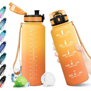 KollyKolla Gourde 1L, Bouteille Motivation Étanche avec Filtre sans BPA, Bouteille Sport avec Marqueur de Temps, Gourde Réutilisable pour Adulte, l&rsquo;école, Sport, Bureau, Yoga, Camping(1500ml Jaune Ambre + Orange)