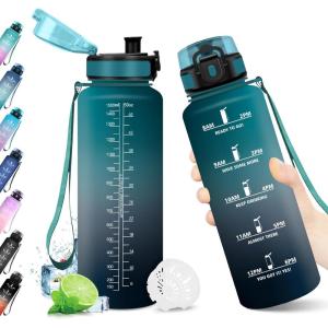 KollyKolla Gourde 1L, Bouteille Motivation Étanche avec Filtre sans BPA, Bouteille Sport avec Marqueur de Temps, Gourde Réutilisable pour Adulte, l&rsquo;école, Sport, Bureau, Yoga, Camping(1500ml Vert Foncé + Gris)