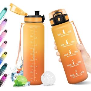 KollyKolla Gourde 1L, Bouteille Motivation Étanche avec Filtre sans BPA, Bouteille Sport avec Marqueur de Temps, Gourde Réutilisable pour Adulte, l&rsquo;école, Sport, Bureau, Yoga, Camping(1000ml Jaune Ambre + Orange)