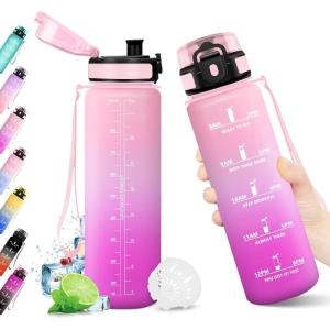 KollyKolla Gourde 1L, Bouteille Motivation Étanche avec Filtre sans BPA, Bouteille Sport avec Marqueur de Temps, Gourde Réutilisable pour Adulte, l&rsquo;école, Sport, Bureau, Yoga, Camping(1000ml Rose Clair + Rose)