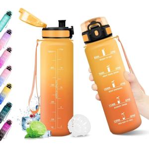 KollyKolla Gourde 1L, Bouteille Motivation Étanche avec Filtre sans BPA, Bouteille Sport avec Marqueur de Temps, Gourde Réutilisable pour Adulte, l&rsquo;école, Sport, Bureau, Yoga, Camping(500ml Jaune Ambre + Orange)
