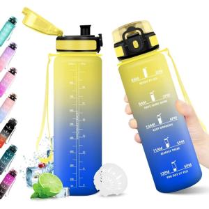 KollyKolla Gourde 1L, Bouteille Motivation Étanche avec Filtre sans BPA, Bouteille Sport avec Marqueur de Temps, Gourde Réutilisable pour Adulte, l&rsquo;école, Sport, Bureau, Yoga, Camping(1000ml Jaune + Bleu Roi)