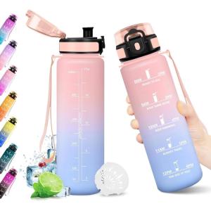 KollyKolla Gourde 1L, Bouteille Motivation Étanche avec Filtre sans BPA, Bouteille Sport avec Marqueur de Temps, Gourde Réutilisable pour Adulte, l&rsquo;école, Sport, Bureau, Yoga, Camping(500ml Rose + Bleu Ciel)
