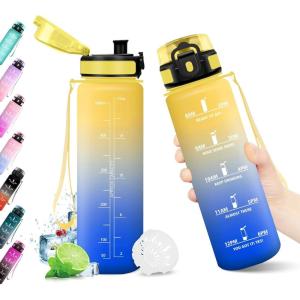 KollyKolla Gourde 1L, Bouteille Motivation Étanche avec Filtre sans BPA, Bouteille Sport avec Marqueur de Temps, Gourde Réutilisable pour Adulte, l&rsquo;école, Sport, Bureau, Yoga, Camping(500ml Jaune + Bleu Roi)