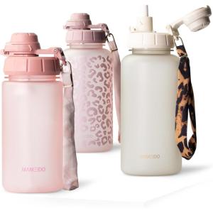 MAMEIDO Gourde avec Paille 1 l, Marqueur de Temps de Motivation, Gourde Sport avec Dragonne, Gourde étanche, Bouteille d&rsquo;eau sans BPA, Water Bottle (Wild Candy)(Flamingo Pink)