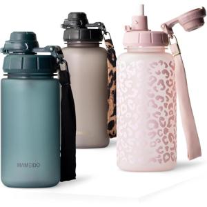 MAMEIDO Gourde avec Paille 1 l, Marqueur de Temps de Motivation, Gourde Sport avec Dragonne, Gourde étanche, Bouteille d&rsquo;eau sans BPA, Water Bottle (Wild Candy)(Ocean Bloom)