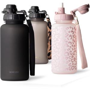 MAMEIDO Gourde avec Paille 1 l, Marqueur de Temps de Motivation, Gourde Sport avec Dragonne, Gourde étanche, Bouteille d&rsquo;eau sans BPA, Water Bottle (Wild Candy)(Rich Black)