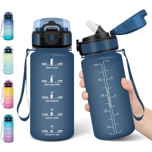 Motswedi Gourde Enfant, 500 ml Anti-Fuite, Gourde Paille, avec Marqueur de Temps, Bouteille d&rsquo;eau, Poignée de Transport, Bouteille avec Paille, pour L’école, Sport, Yoga, Blanc Cassé Bleu Clair(Bleu Foncé)
