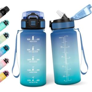 Motswedi Gourde Enfant, 500 ml Anti-Fuite, Gourde Paille, avec Marqueur de Temps, Bouteille d&rsquo;eau, Poignée de Transport, Bouteille avec Paille, pour L’école, Sport, Yoga, Blanc Cassé Bleu Clair(Vert Vif-500ml)
