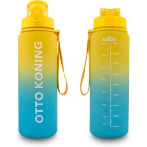 Otto Koning Gourde Sport 1L – Bouteille Eau Sans BPA, Gourde Adulte Femme Homme, Plastique Haute Qualité, Hermétique, Grande Bouteille Randonnée, Ouverture Bouton, Courroie, Nettoyage Facile(Bleu et Jaune)