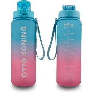 Otto Koning Gourde Sport 1L – Bouteille Eau Sans BPA, Gourde Adulte Femme Homme, Plastique Haute Qualité, Hermétique, Grande Bouteille Randonnée, Ouverture Bouton, Courroie, Nettoyage Facile(Bleu et Rouge)